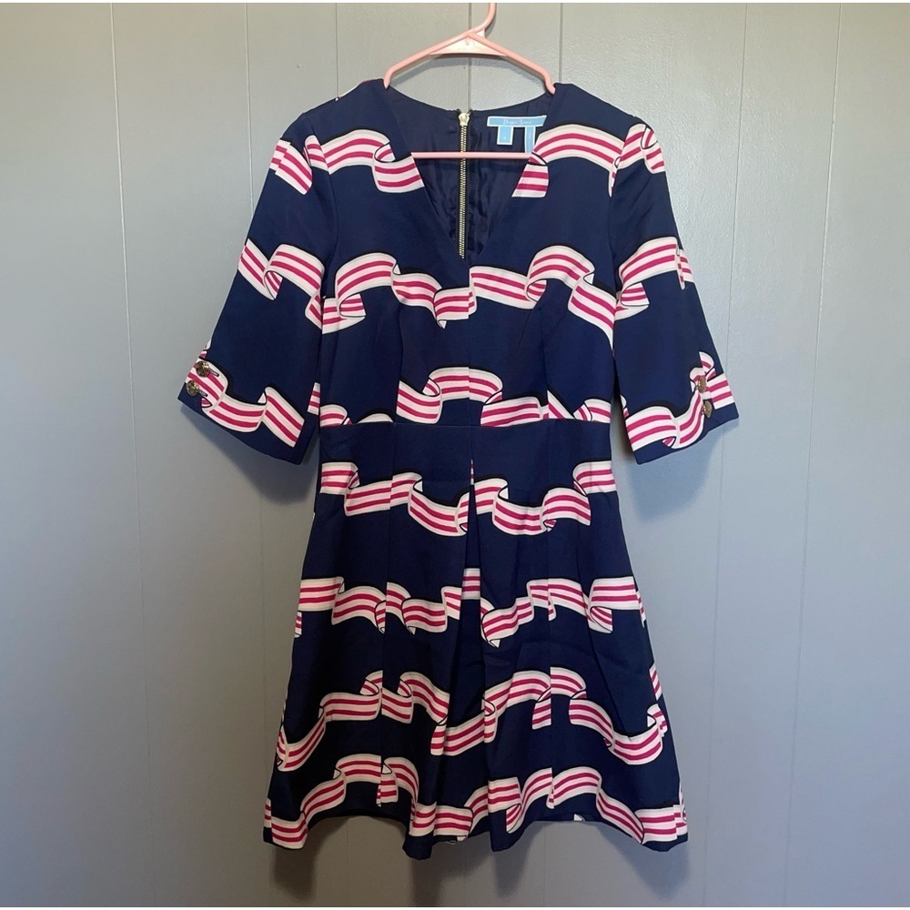 Draper James Navy Fit and Flare Dress with Pink and White Stripes Size 2